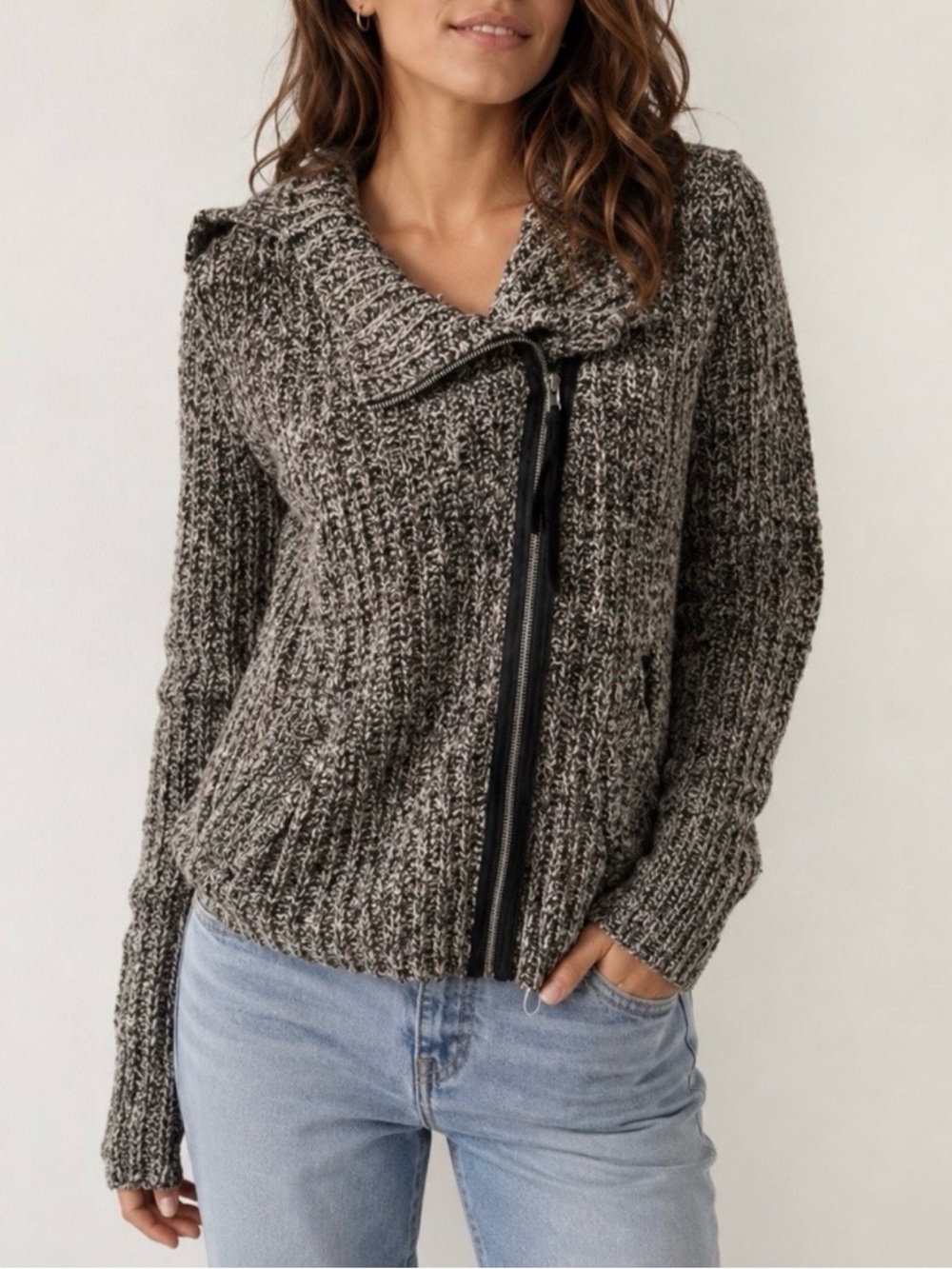 Free People Ribbed Knit Asymmetrical Zipper Moto Sweater Jacket Medium Edgy Chic